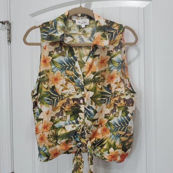 Panama Jack Tropical Floral Safari Zebra Linen Blend Sleeveless Top Size Large - Picture 1 of 6